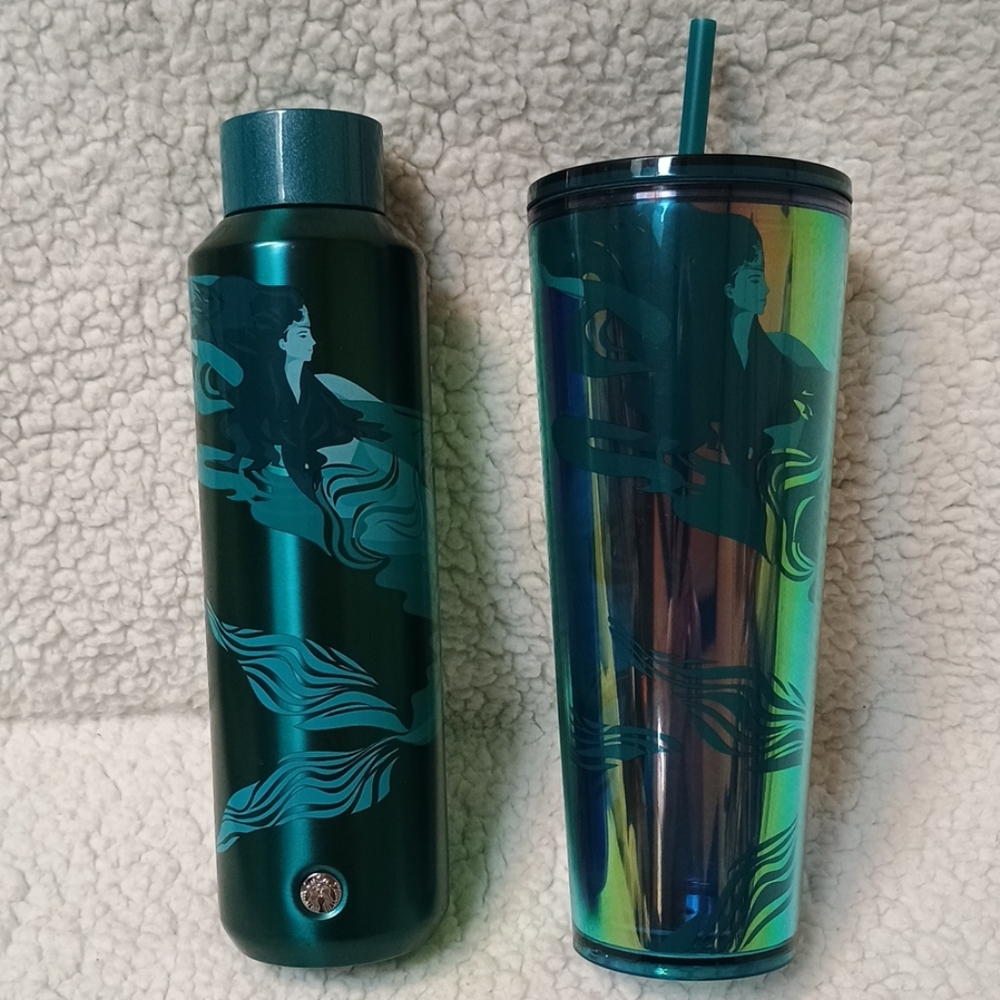 Starbucks Teal Mermaid 20oz Metal Tumbler & 24oz Plastic Cup with Straw Set
